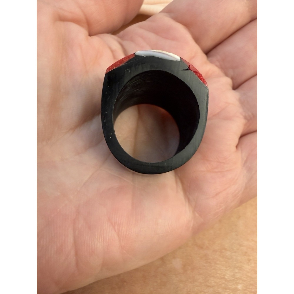 Horn Artisan Mosaic Statement L 8.5 Ring Red White Blk Inlay Geometric Cocktail - Picture 11 of 12